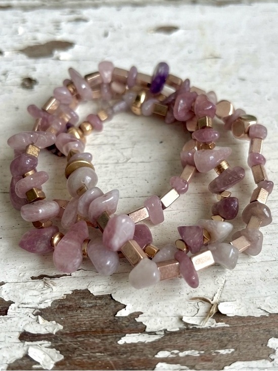 Handmade Jewelry - Rose Quartz Chip & Gold Bead Triple Wrap Stretchy Bracelet